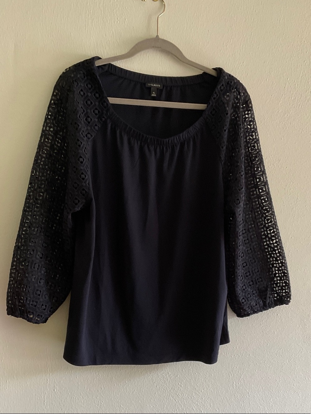 Talbots Black Eyelet Lace-Sleeve Scoop Neck Blouse